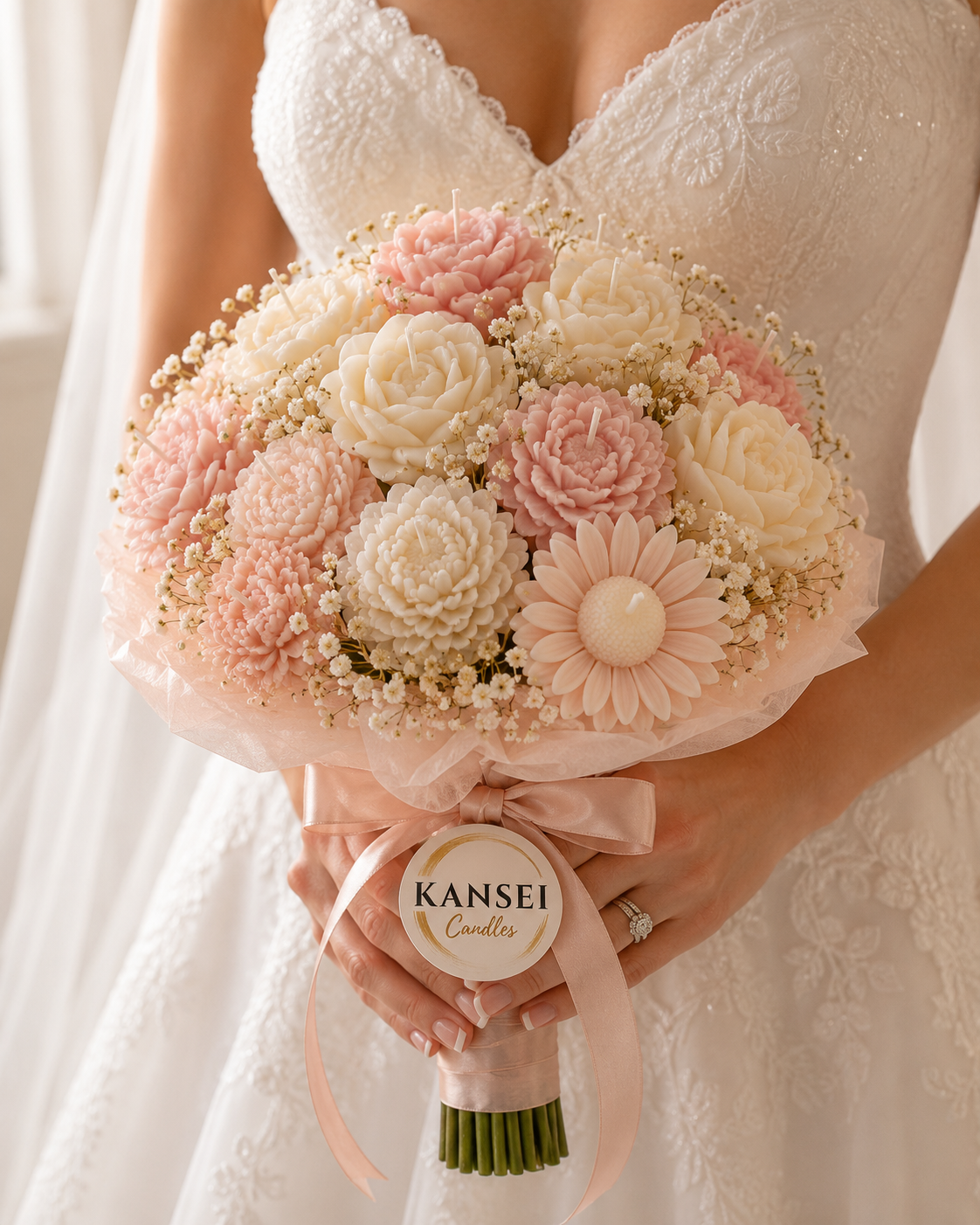 Ramo de novia de flores de cera junto a detalles para boda