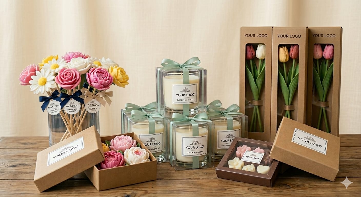 Composición artesanal de velas y flores de cera para eventos