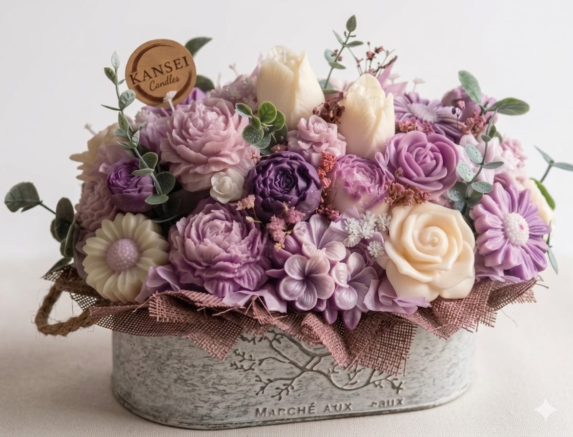 Bouquet artesanal de flores de cera en tonos lila y crema — Kansei Candles Barcelona