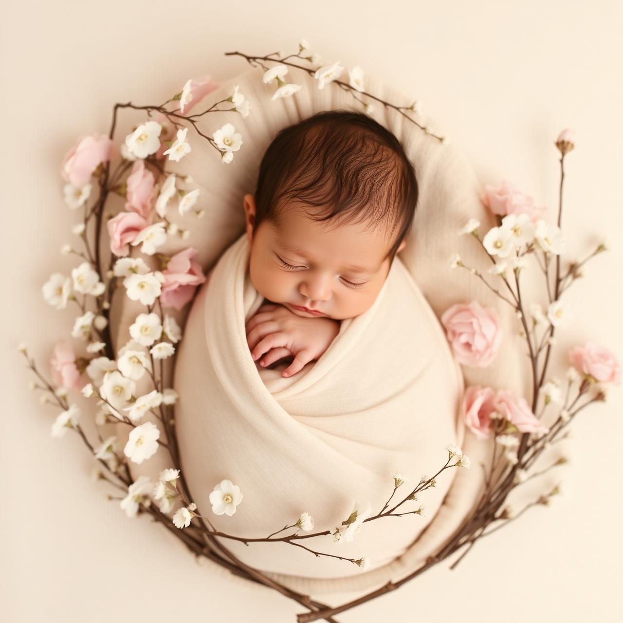Detalles artesanales de flores de cera en tonos suaves para baby shower
